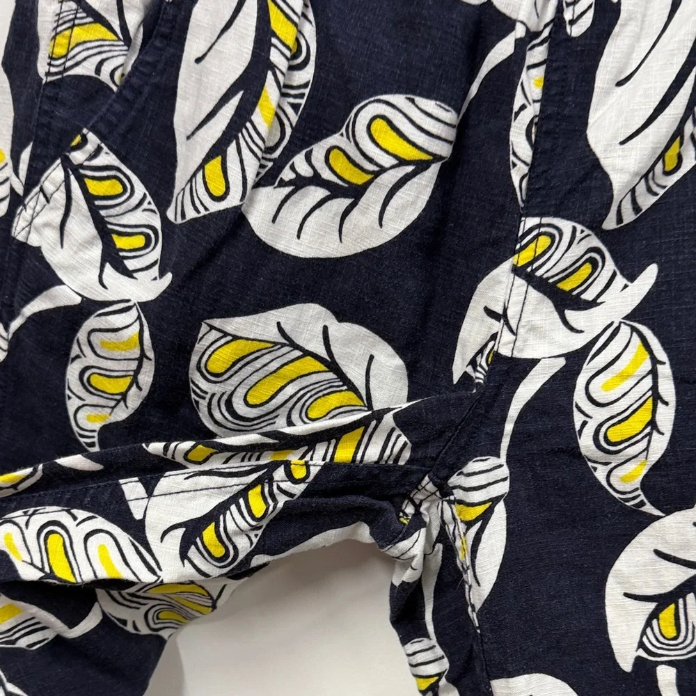 J.Crew Seaside pant in a navy blue, white, and yellow leaf print linen blend 2